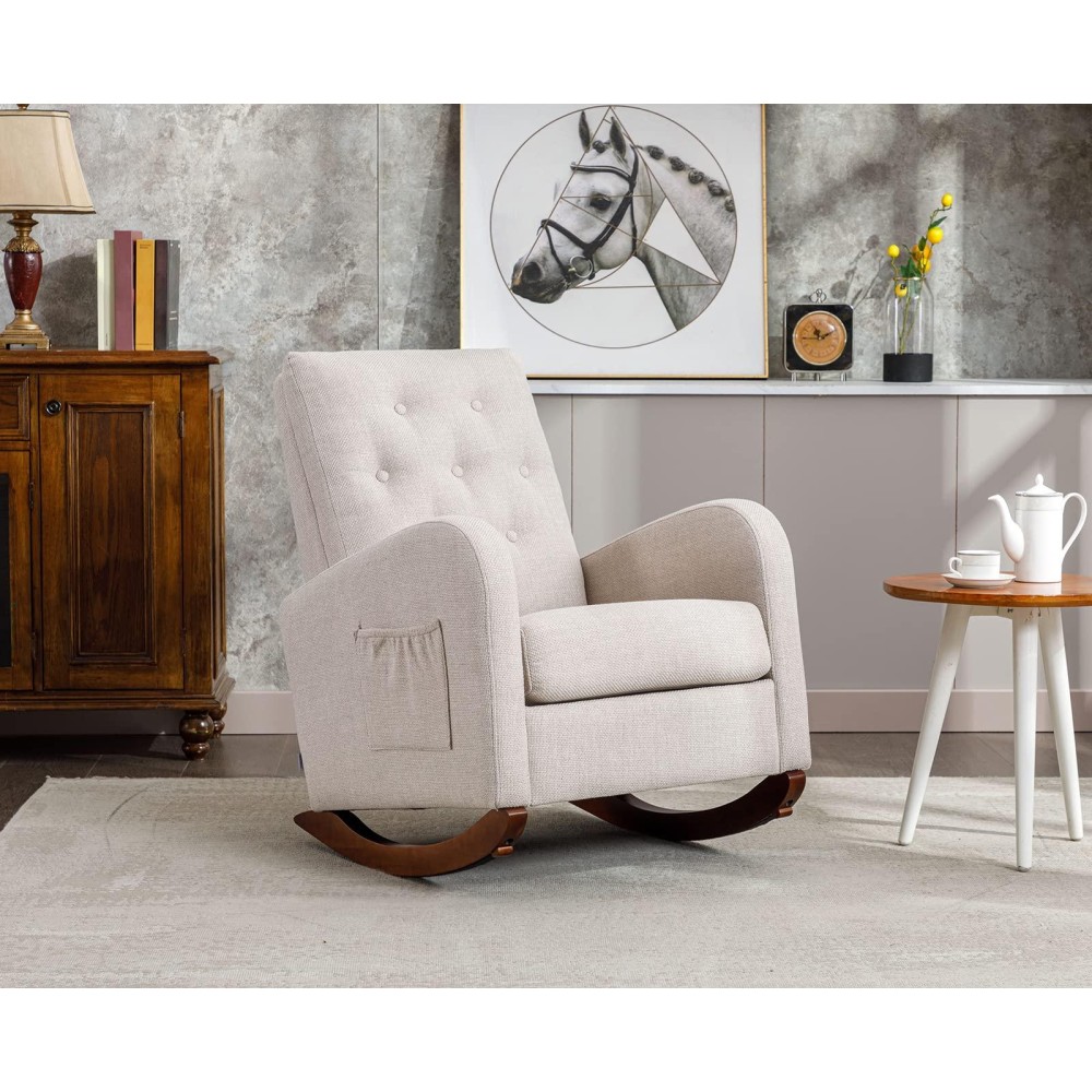 Modern Accent Rocking Chair, Upholstered Nursery Glider Rocker For Baby, Comfy Armchair With Side Pocket, Living Room Lounge Arm Chair, High Backrest With Decorative Button, Linen Fabric (Oyster Grey)