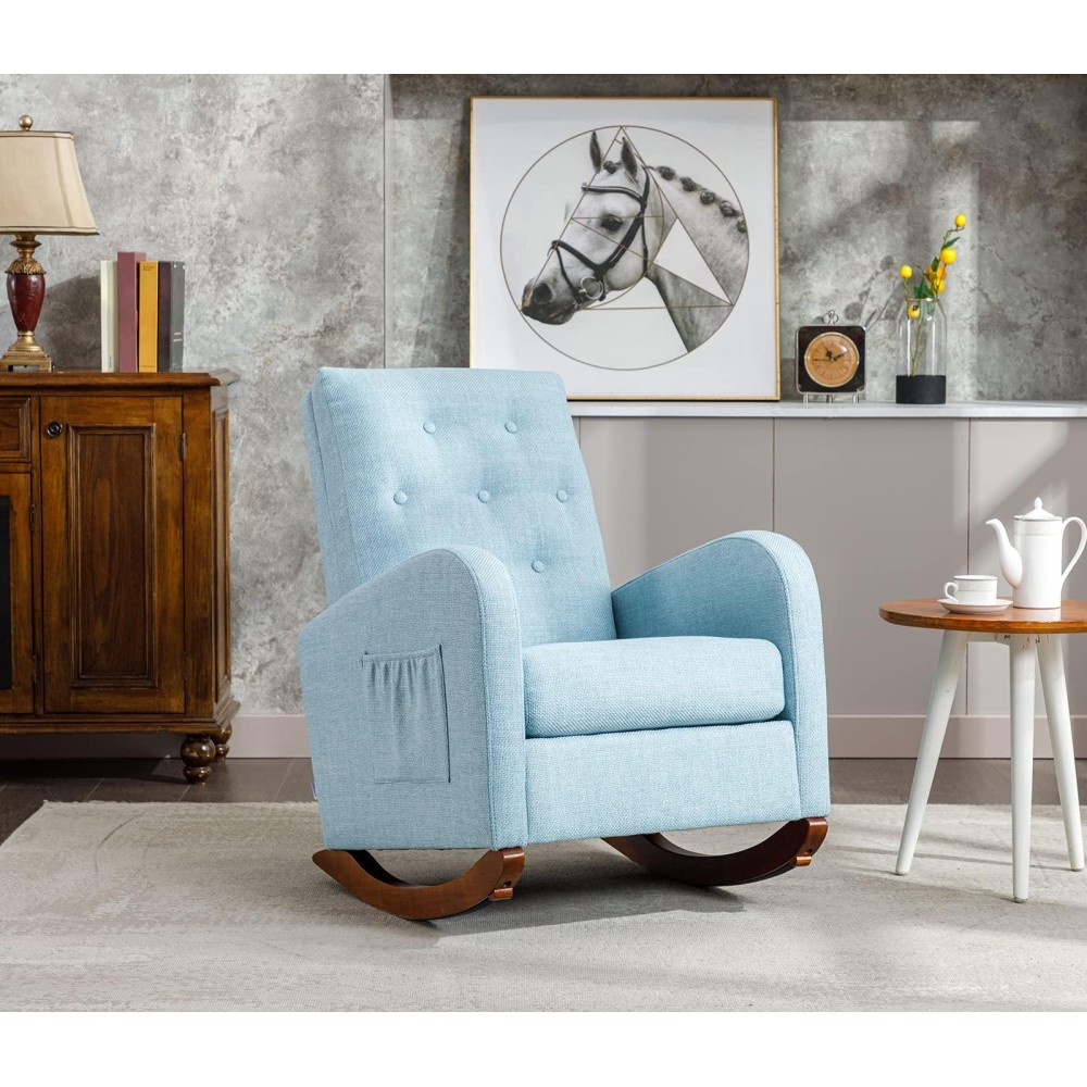 Modern Accent Rocking Chair, Upholstered Nursery Glider Rocker For Baby, Comfy Armchair With Side Pocket, Living Room Lounge Arm Chair, High Backrest With Decorative Buttons, Linen Fabric (Lake Blue)