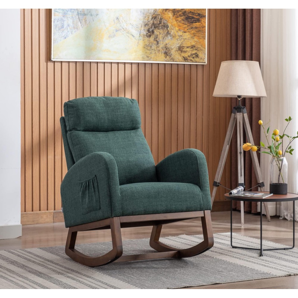 Antetek Modern Accent Rocking Chair, Upholstered Nursery Glider Rocker For Baby, Comfy Armchair With Side Pocket, Living Room Lounge Arm Chair, High Backrest With Headrest Shape Design (Green)