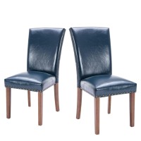Colamy Upholstered Parsons Dining Chairs Set Of 2, Pu Leather Dining Room Kitchen Side Chair With Nailhead Trim And Wood Legs - Blue