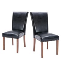Colamy Upholstered Parsons Dining Chairs Set Of 2, Pu Leather Dining Room Kitchen Side Chair With Nailhead Trim And Wood Legs - Black