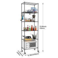 Homdox 6Tier Storage Shelf Wire Shelving Unit Free Standing Rack Organization With Caster Wheels Stainless Side Hooks Black