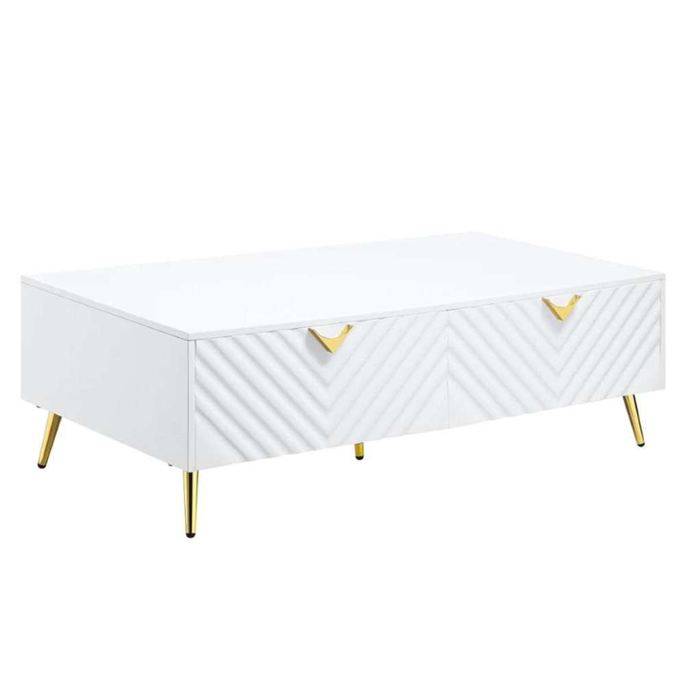 Tyra 53 Inch Modern Coffee Table, 2 Drawers, Metal Handles, White, Gold