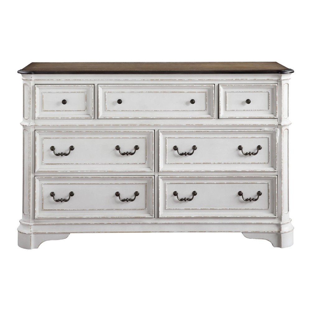 Fil 64 Inch Solid Wood Dresser, 7 Drawers, Felt Lined, Antique White