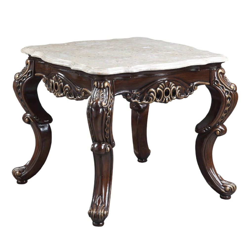 Ben 28 Inch Marble End Table, Scrolled Details, Cabriole Legs, Brown