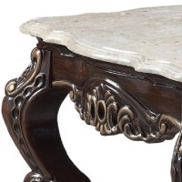 Ben 28 Inch Marble End Table, Scrolled Details, Cabriole Legs, Brown