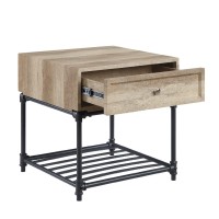 Ley 22 Inch End Table, 1 Drawer, Industrial Design, Slatted Shelf, Oak