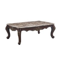 Kha 56 Inch Marble Top Coffee Table with Gold Floral Trim, Cherry Brown