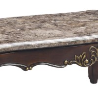 Kha 56 Inch Marble Top Coffee Table with Gold Floral Trim, Cherry Brown