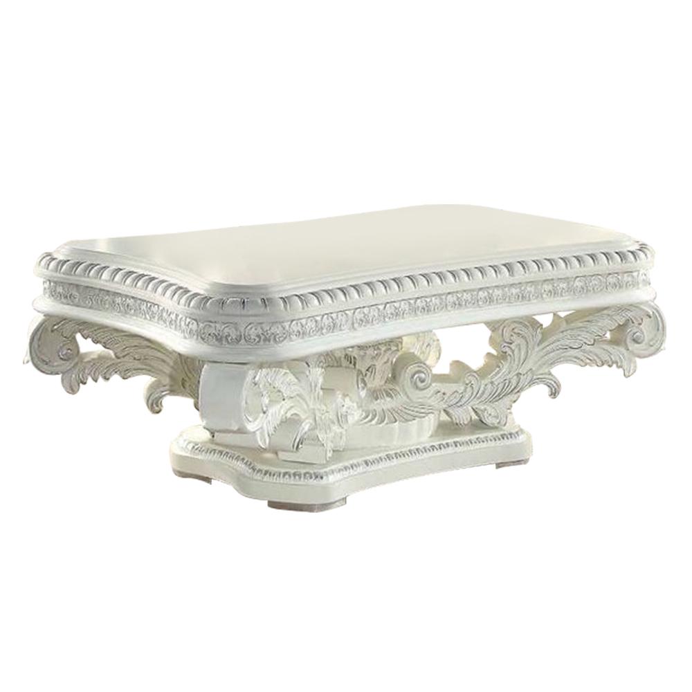 Kin 55 Inch Coffee Table, Raised Scrolled Pedestal, Ornate Motif, White