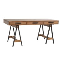 65 Inch Solid Wood Desk, Multipurpose, Sawhorse Metal Legs, Caramel