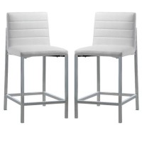 Eun 26 Inch Faux Leather Channel Counter Stool, Chrome, Set of 2, White