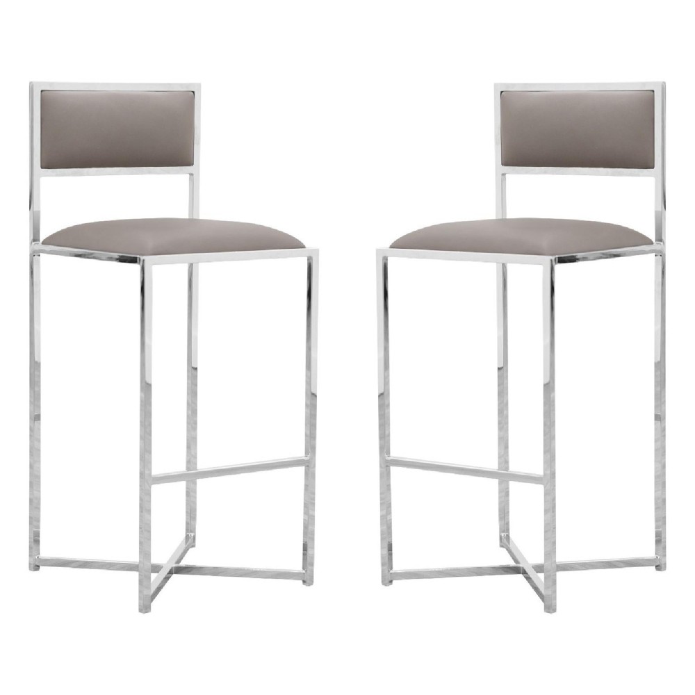 Eun 30 Inch Vegan Faux Leather Barstool, Chrome Base, Set of 2, Gray