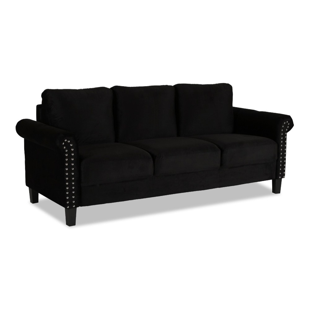 Judy 81 Inch Velvet Upholstered Sofa with Nailhead Trim, Black