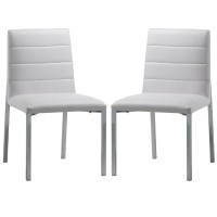 Eun 23 Inch Vegan Faux Leather Dining Chair, Chrome Legs, Set of 2, White