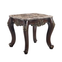 Kha 27 Inch Marble Top End Table with Cabriole Legs, Gold, Cherry Brown