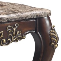Kha 27 Inch Marble Top End Table with Cabriole Legs, Gold, Cherry Brown