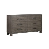 66 Inch Wil Pine Wood 6 Drawer Dresser, Rustic, Rough Hewn, Gray