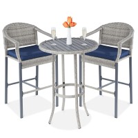 Best Choice Products 3-Piece Patio Bar Table Set, Outdoor Wicker Bar Height Bistro Furniture For Backyard, Poolside, Balcony W/Barstools, Cushions, Steel Frame - Gray/Blue