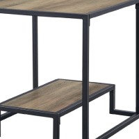 Lea 22 Inch Wood End Table, Grain Details, Metal Frame, Rustic Oak