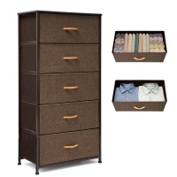 Vredhom Fabric Dresser For Bedroom, Tall Skinny Dresser With 5 Wide Drawers, Storage Organizer Tower, Steel Frame Wooden Top For Closet, Living Room, Hallway, Nursery(Brown)