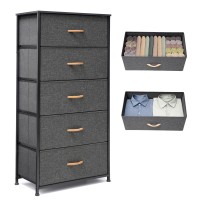 Vredhom Fabric Dresser For Bedroom, Tall Skinny Dresser With 5 Wide Drawers, Storage Organizer Tower, Steel Frame Wooden Top For Closet, Living Room, Hallway, Nursery(Grey)
