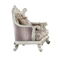 Kin 52 Inch Royal Chair, Scrolled Crown Back, Paisley Pattern Fabric, White