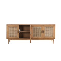 Evans 79 Inch Media Console TV Cabinet, Pinewood, 4 Doors, Natural Brown