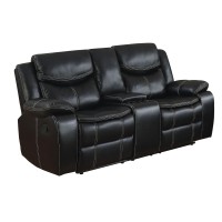 66 Inch Manual Reclining Loveseat, Double Stitching, Black Leather