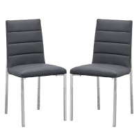 Eun 23 Inch Faux Leather Dining Chair, Chrome Legs, Set of 2, Dark Gray