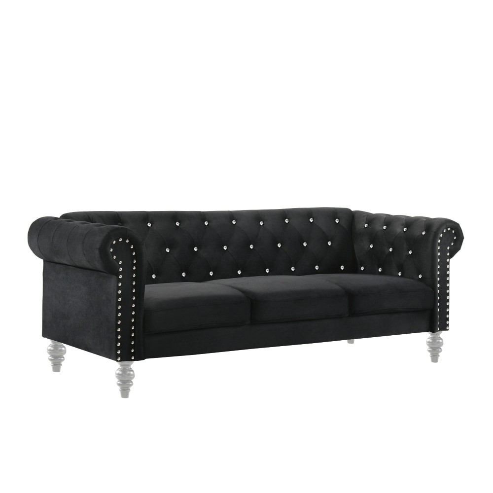 Ben 83 Inch Velvet Sofa with Crystal Tufted Back, Black