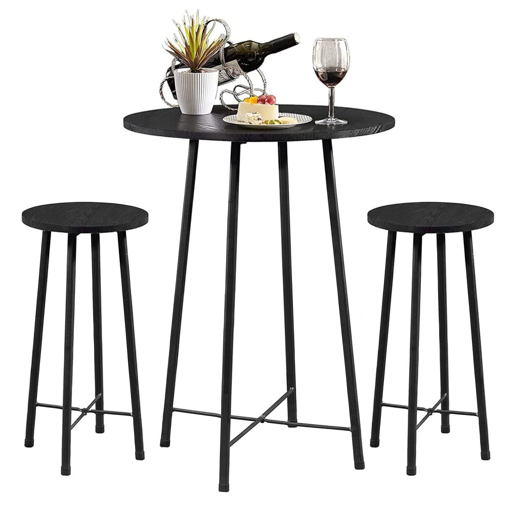 Vecelo Small Bar Table And Chairs, Round Bistro Sets With 2 Barstools, 3-Piece Pub Dining Furniture, Counter Height Wood Top For Breakfast Dinner Coffee Nap Conference, Easy Assembly, Black