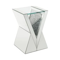 Noe 24 Inch Mirrored End Table, V Pedestal Base, Faux Diamond, Silver