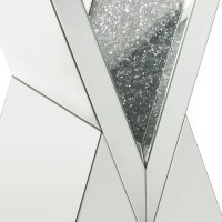 Noe 24 Inch Mirrored End Table, V Pedestal Base, Faux Diamond, Silver
