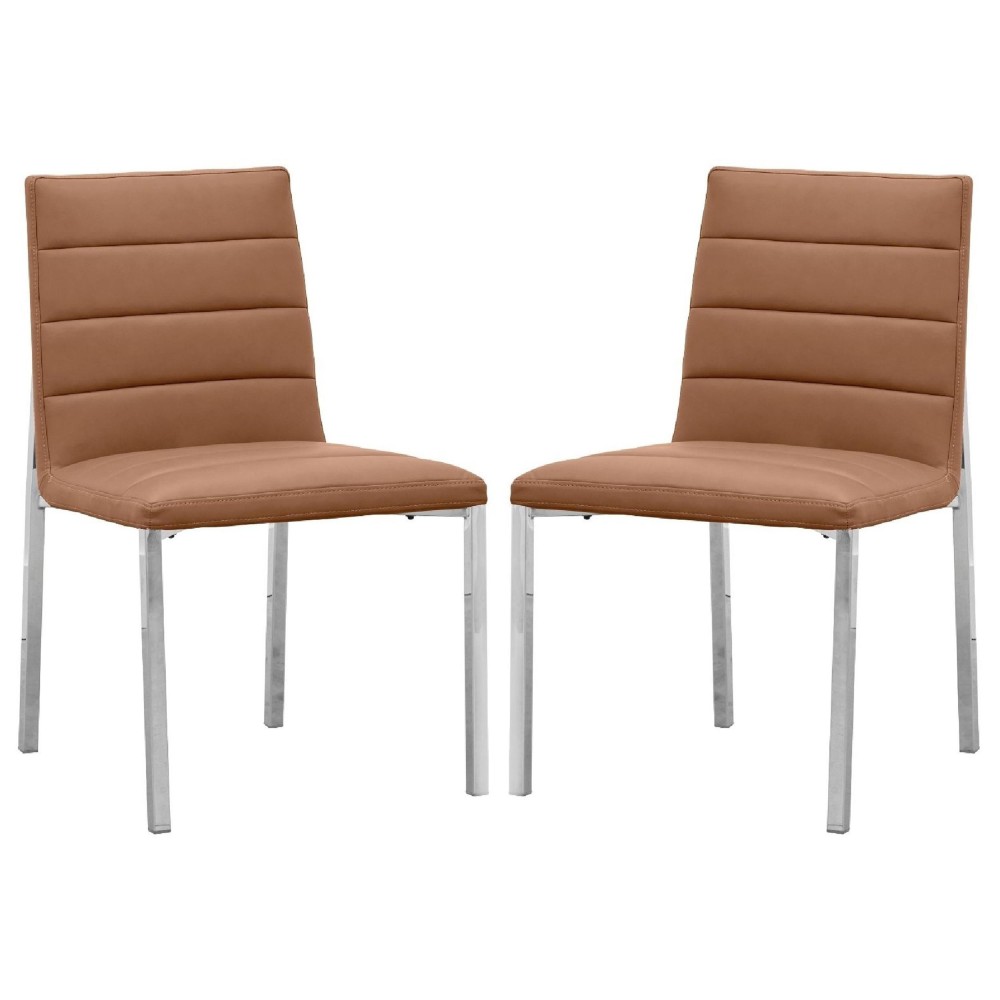 Eun 23 Inch Faux Leather Dining Chair, Metal Chrome Legs, Set of 2, Cognac