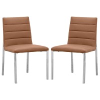 Eun 23 Inch Faux Leather Dining Chair, Metal Chrome Legs, Set of 2, Cognac