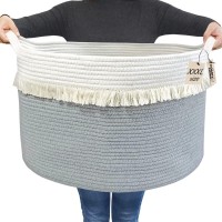 Comfy-Homi Baskets Xxxlarge Boho Cotton Rope Woven Laundry Basket 21''X21''X13.6'' With Handle, Toy Storage Basket, Soft Decorative Hamper For Baby Bed Room, Blanket, Towel, Pillow - Tassel White/Grey