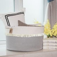 Comfy-Homi Baskets Xxxlarge Boho Cotton Rope Woven Laundry Basket 21''X21''X13.6'' With Handle, Toy Storage Basket, Soft Decorative Hamper For Baby Bed Room, Blanket, Towel, Pillow - Tassel White/Grey