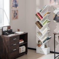 Giantex Tree Bookshelf with Drawer, 10 Shelf Space Saving White Wooden Bookcase, Freestanding Retro Wood Storage Rack, Decorative Bookshelf with Storage