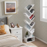 Giantex Tree Bookshelf with Drawer, 10 Shelf Space Saving White Wooden Bookcase, Freestanding Retro Wood Storage Rack, Decorative Bookshelf with Storage