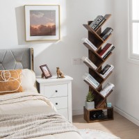 Giantex Tree Bookshelf with Drawer, 10 Shelf Space Saving Rustic Brown Wooden Bookcase, Freestanding Retro Wood Storage Rack, Decorative Bookshelf with Storage