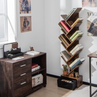 Giantex Tree Bookshelf with Drawer, 10 Shelf Space Saving Rustic Brown Wooden Bookcase, Freestanding Retro Wood Storage Rack, Decorative Bookshelf with Storage