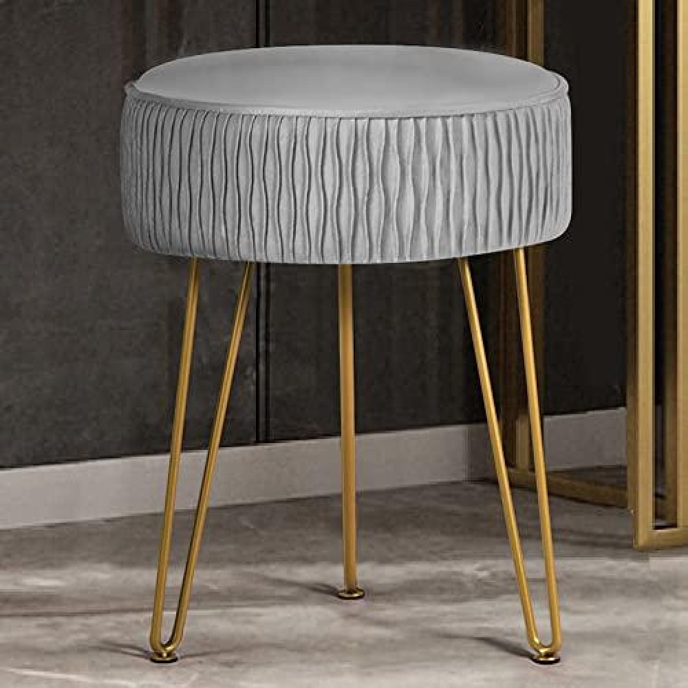 Moowind Vanity Stool For Makeup Room Bedroom, Modern Multifunctional Vanity Stools Chair Round Ottoman Velvet Upholstered Seated Foot Rest Dressing Stool With Golden Leg, Side Table End Table,Grey