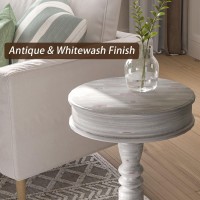COSIEST Rustic Accent Side Table, Farmhouse Wood Pedestal Table Round End Table for Living Room, Bedroom, Distressed Whitewash Finish, Grey Color