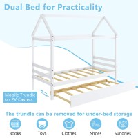 Giantex House Bed with Trundle, Solid Wood Twin Size Daybed for Girls & Boys, Kids Platform Bed Frame with Roof for Bedroom, No Box Spring Needed, White