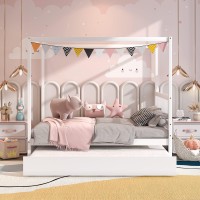 Giantex Canopy Bed With Trundle, Full Size Kids Solid Wood Platform Bed Frame W/Headboard Wooden Twin Trundle Bed For Boys Girls, No Box Spring Needed (White)