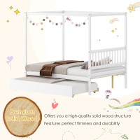 Giantex Canopy Bed With Trundle, Full Size Kids Solid Wood Platform Bed Frame W/Headboard Wooden Twin Trundle Bed For Boys Girls, No Box Spring Needed (White)