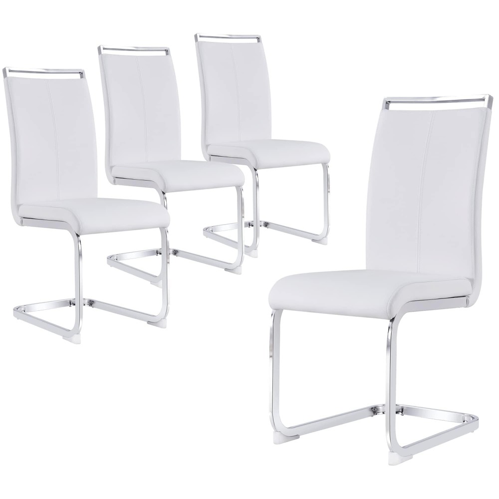 Gopop Dining Chairs Set, Kitchen Modern Metal Chairs With Faux Leather Padded Seat High Back And Sturdy Chrome Legs, Chairs For Dining Room (White, Set Of 4)