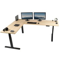 Vivo Electric Height Adjustable 83 X 60 Inch Corner Stand Up Desk, 2 Light Wood Solid Table Tops, Black Frame, Memory Controller, L-Shaped Workstation, 3E Series, Desk-Kit-3E8Bc
