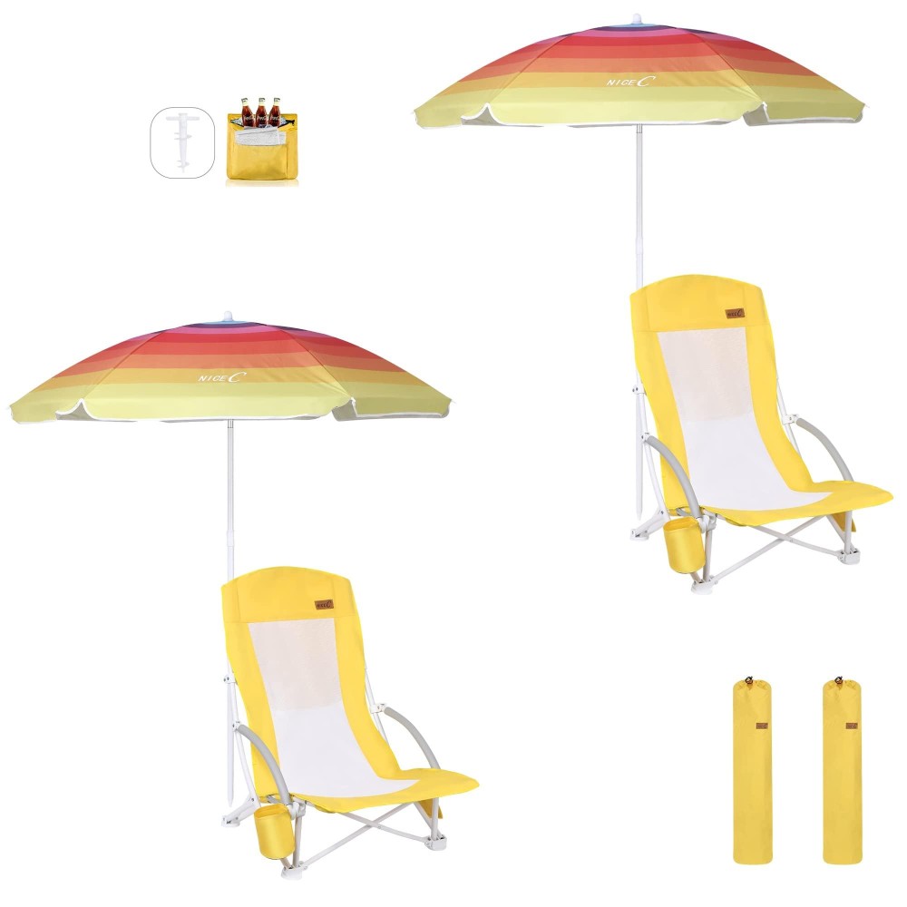 Nice C Beach Chair, Beach Chairs For Adults With Umbrella And Cooler, High Back, Cup Holder & Carry Bag & Heavy Duty Compact Outdoor, Camping (Set Of 2 Yellow)